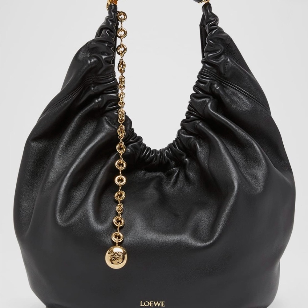 Loewe Small Squeeze Black Nappa Leather Hobo Bag with Gold Chain Accent